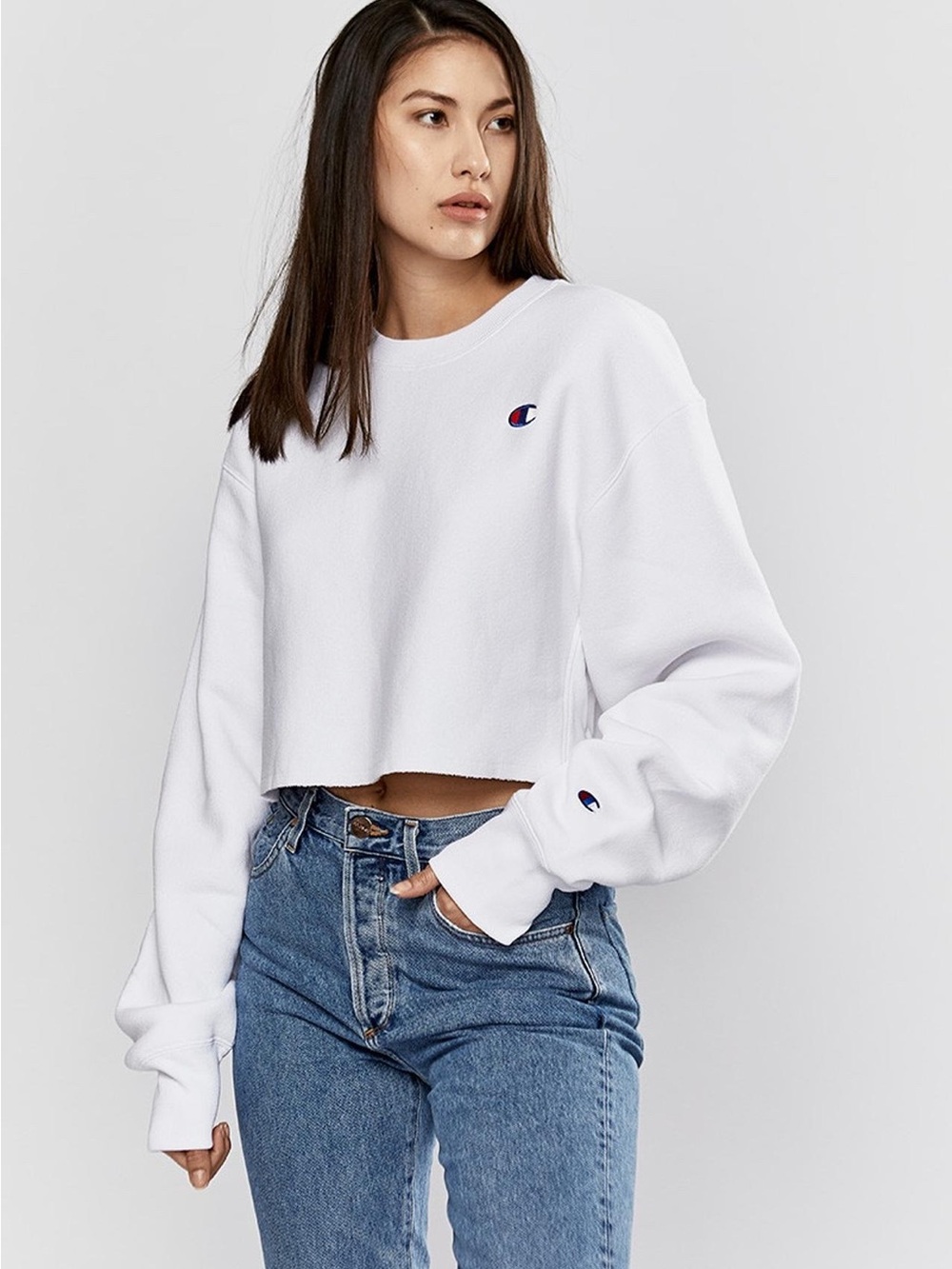 Champion Cropped Reverse Weave Crew Sweatshirt in White - Size X-Small